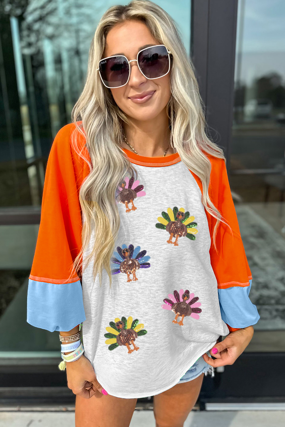 Light Grey Thanksgiving Turkey Sequin Graphic Color Block Long Raglan Sleeve Top - Image 4
