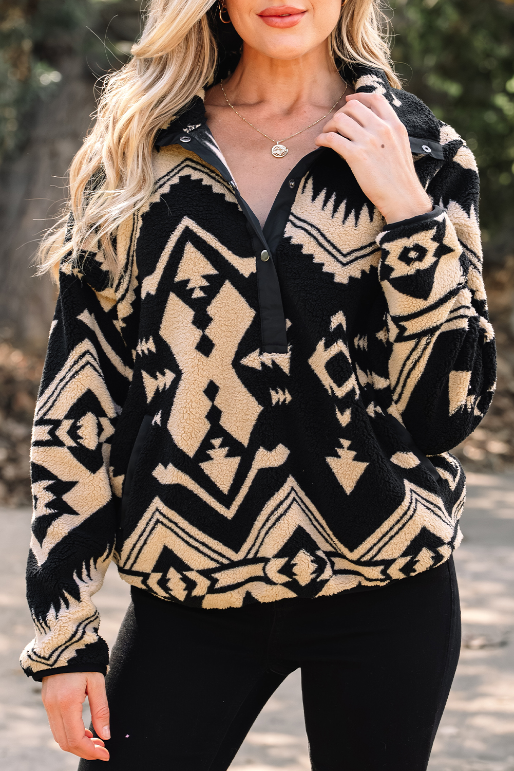 Black Western Aztec Half Placket Plush Sweatshirt - Image 6