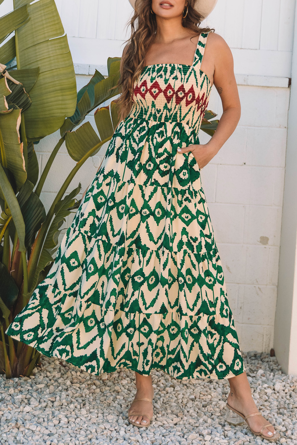 Green Western Aztec Shirred A-line Sleeveless Maxi Dress - Image 6