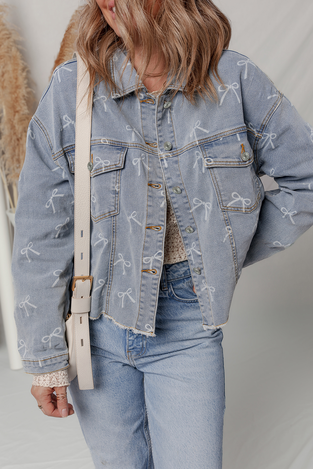 Sky Blue Bow Knot Print Light Wash Raw Hem Denim Jacket - Image 3