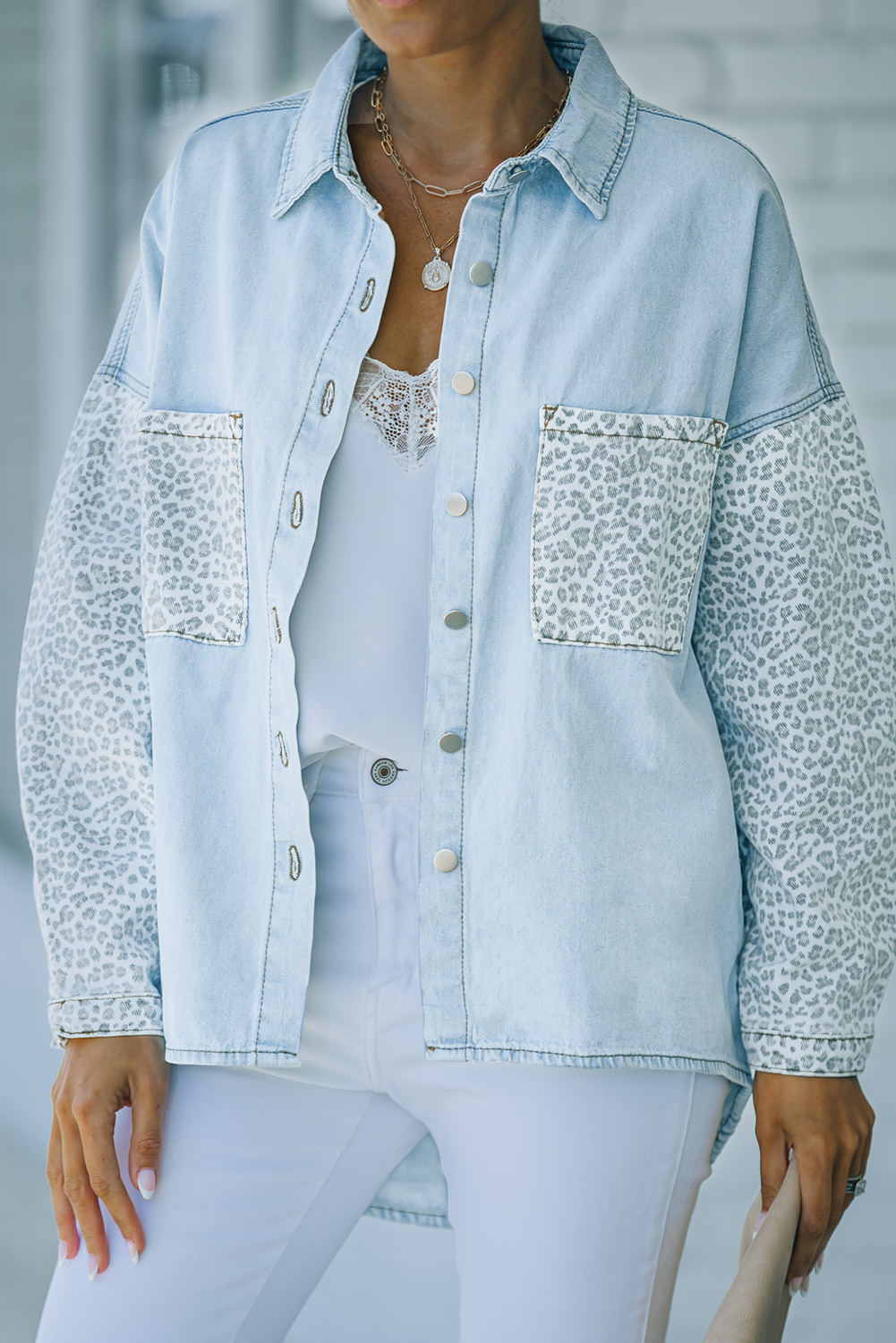 Sky Blue Contrast Leopard Denim Jacket - Image 6