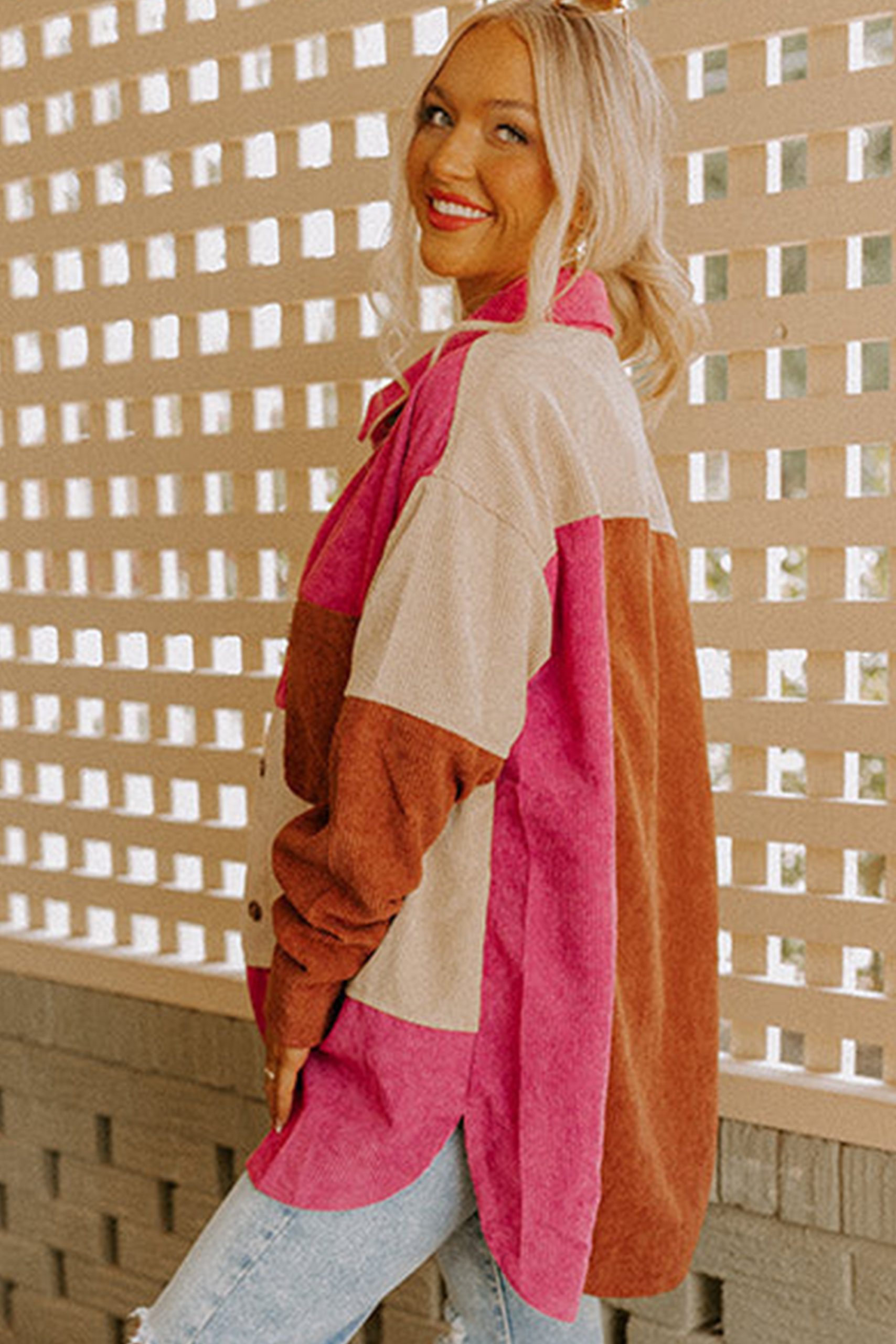 Rose Red Colorblock Curved Hem Corduroy Shacket with Pocket - Image 3