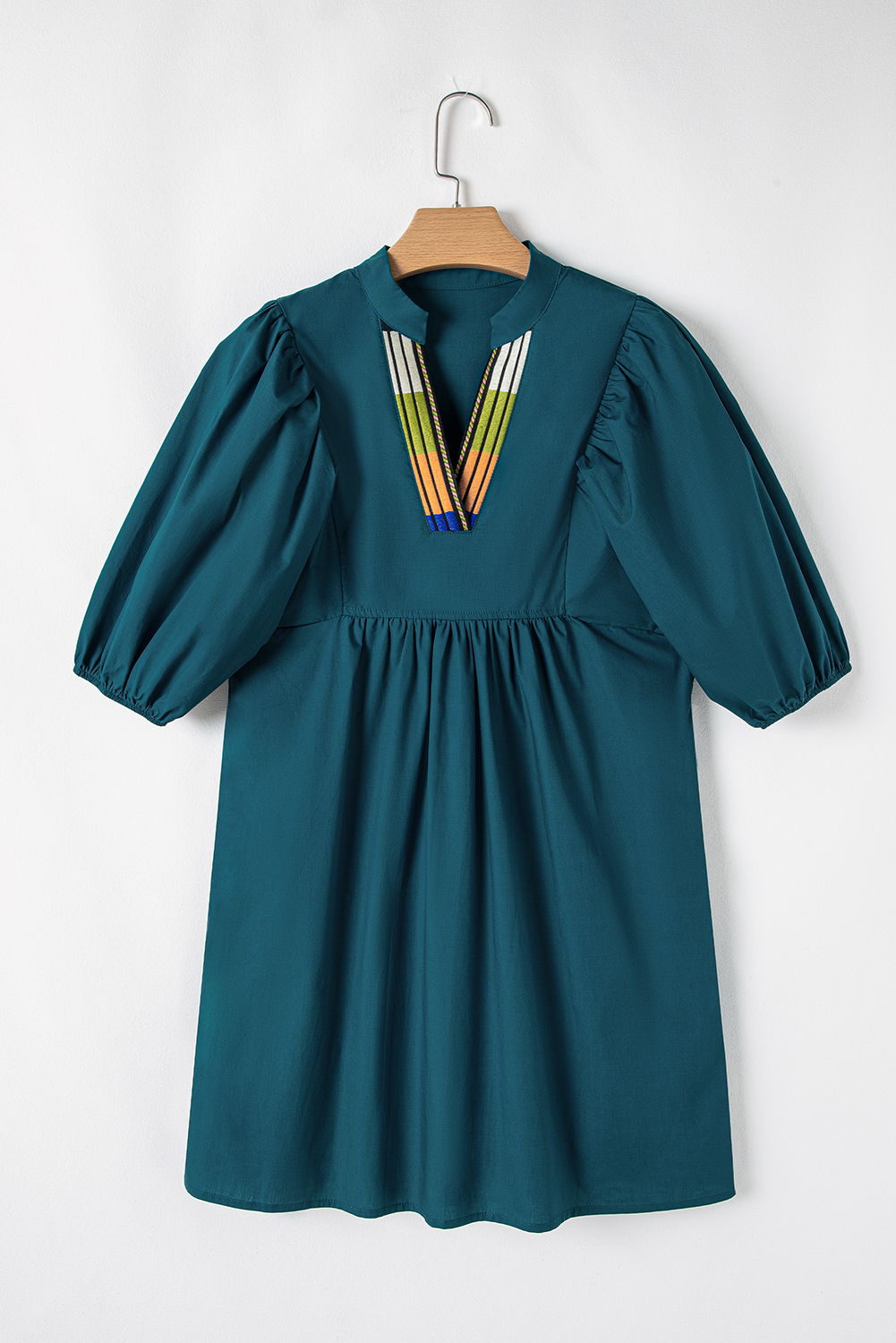 Blue Sapphire Colorblock Split V Neck Puff Sleeve Mini Dress - Image 4