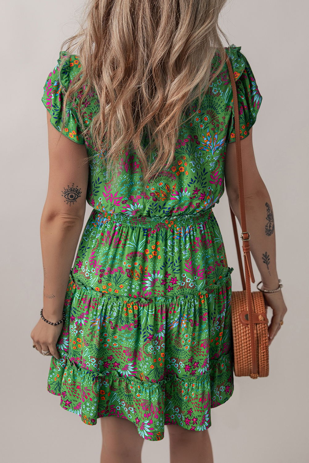 Green Floral Tie Split Neck Frilly Ruffle Trim Tiered Short Dress - Image 4