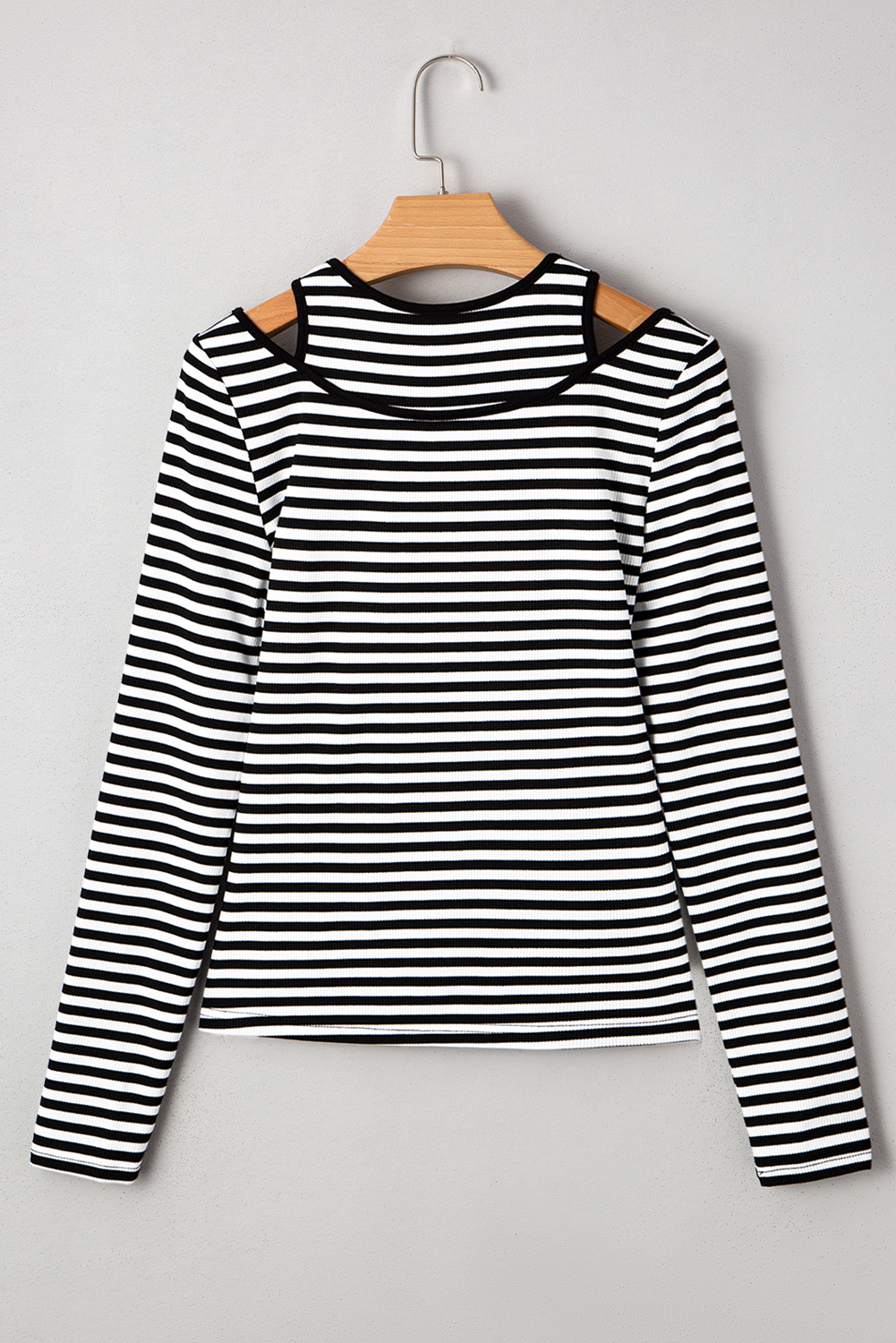 Black Stripe Double-layer Cold Shoulder Long Sleeve Top - Image 8