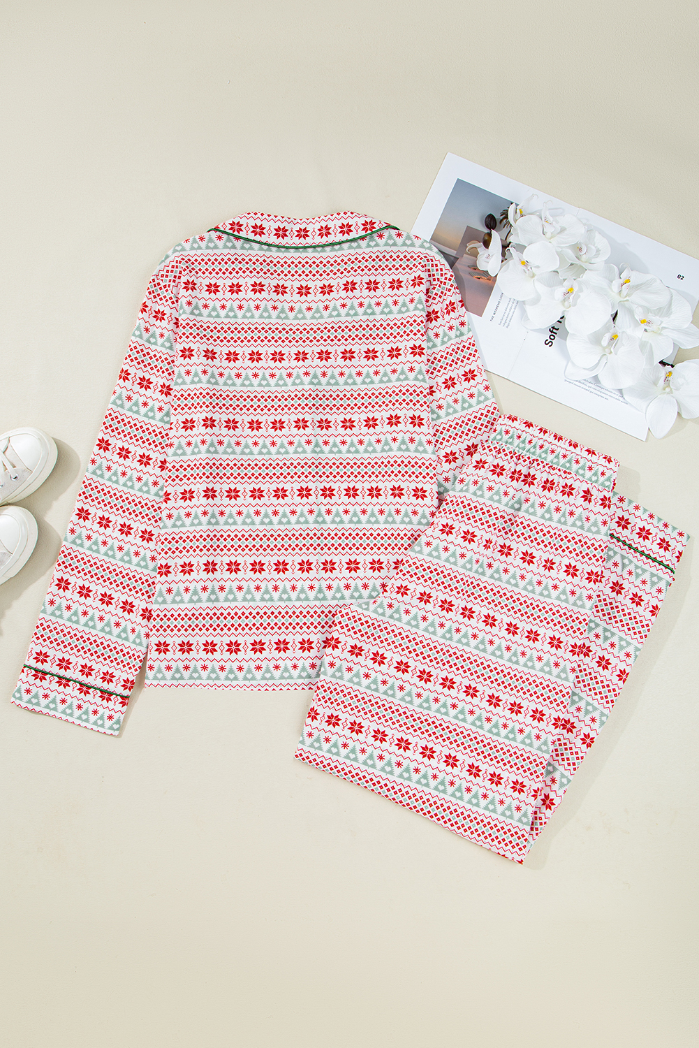 White Christmas Pattern Print Shirt Style Long 2pcs Pajama Set - Image 5