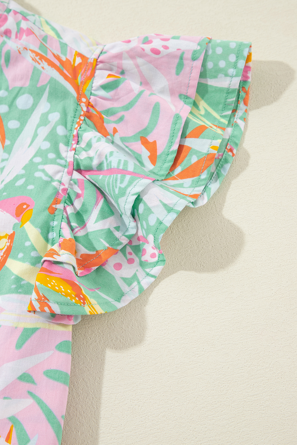 Green Abstract Floral Ruffle Trim Flutter Sleeve Buttoned Dress - Image 4