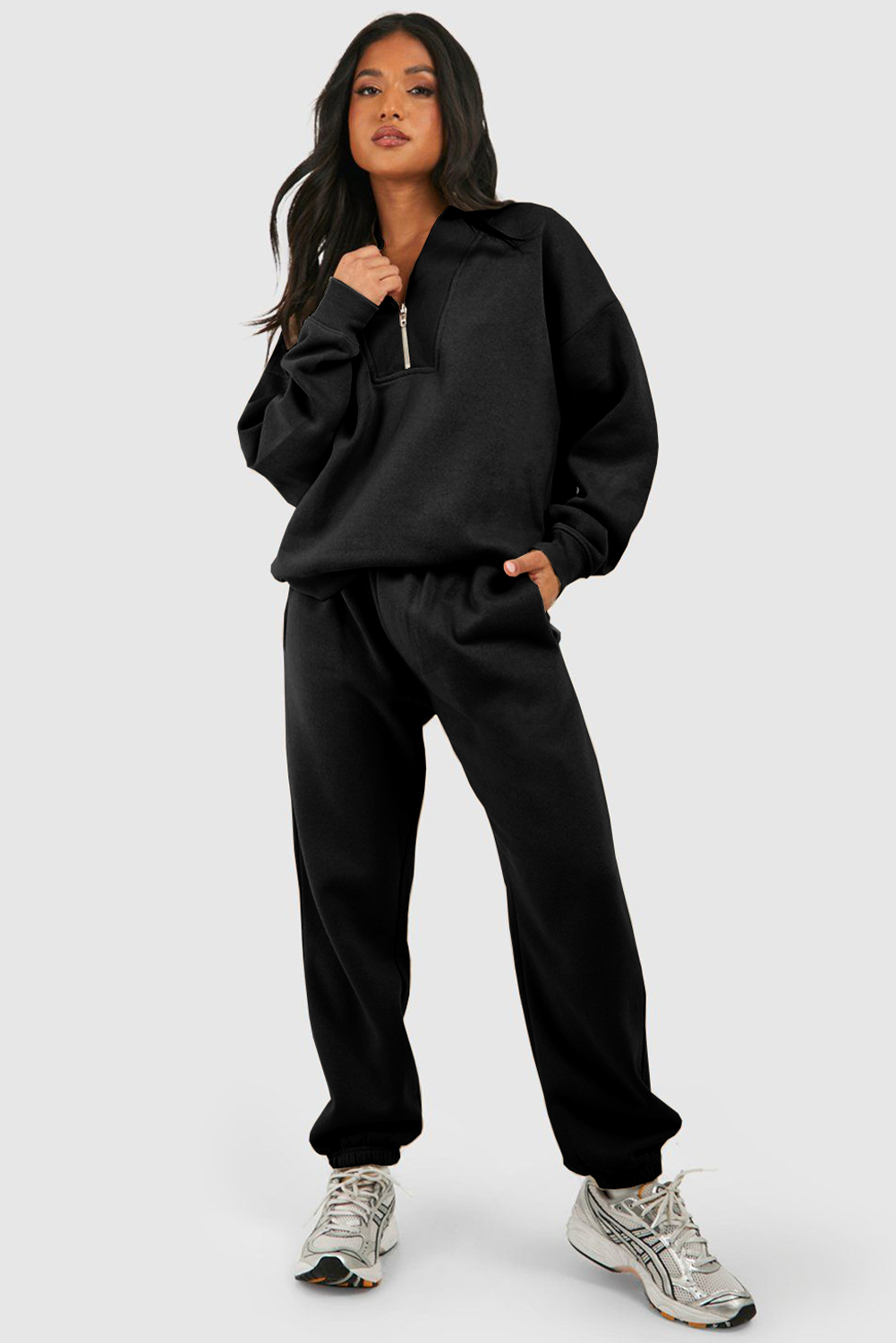 Black Plain Half Zip V Neck Ribbed Edge Loose Tracksuit - Image 3