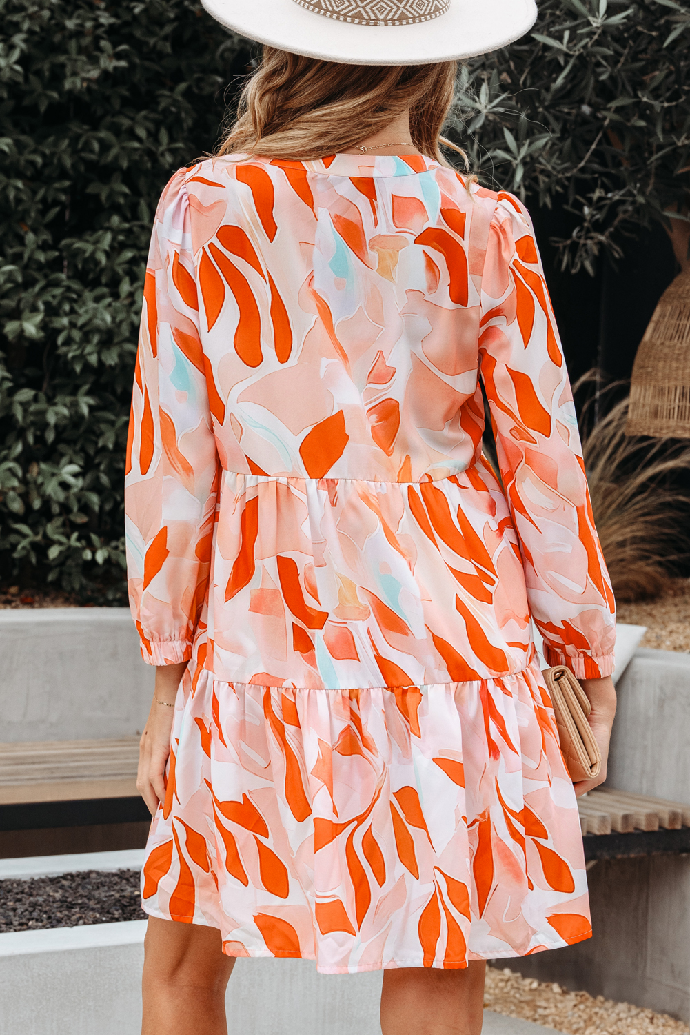 Orange Abstract Print Split Neck Long Sleeve Dress - Image 2