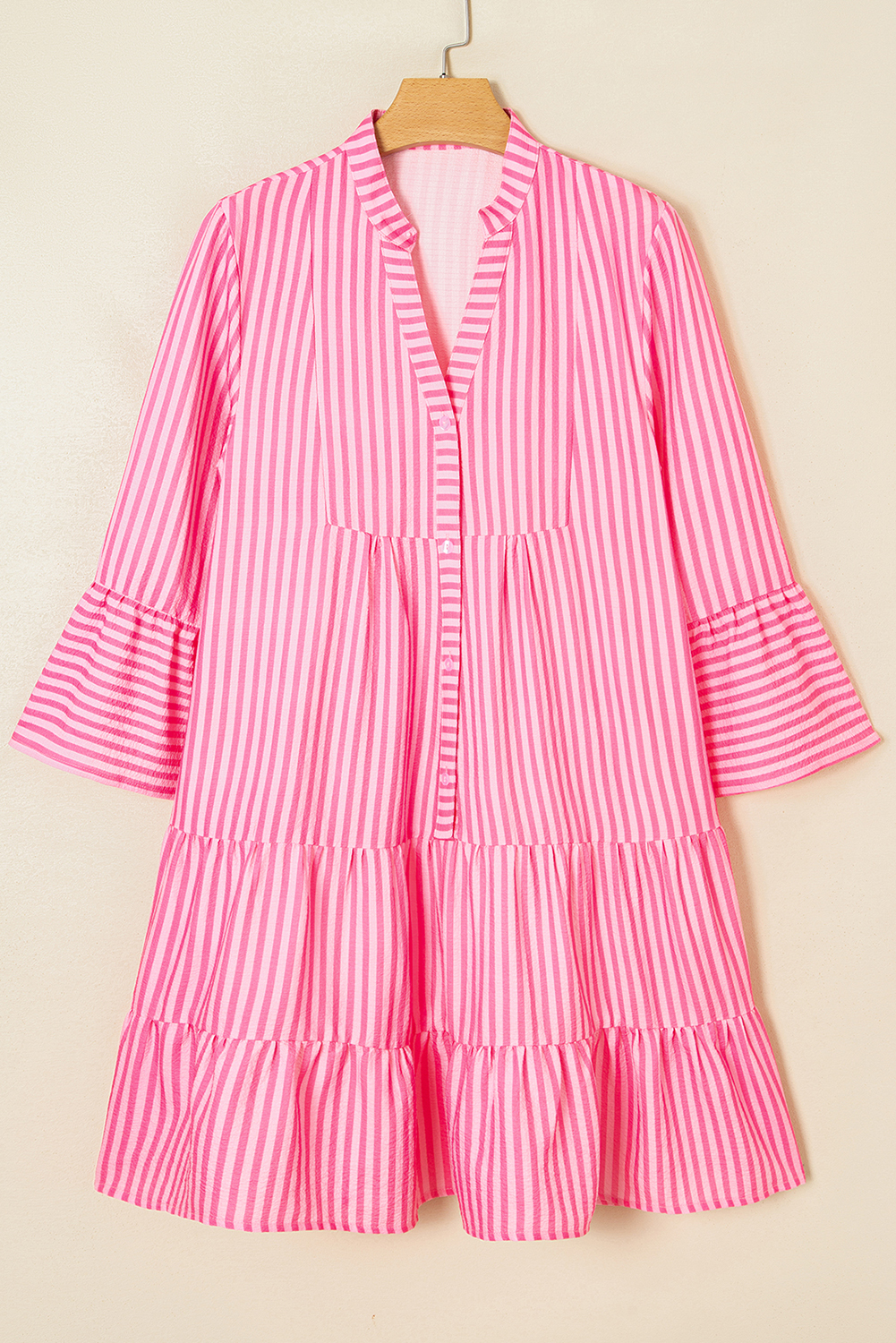 Pink Stripe Flare Sleeve Half Placket Tiered Flowy Mini Dress - Image 8