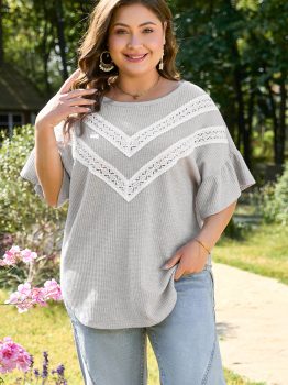 Light Grey Lace Insert Waffle Ruffle Short Sleeve Plus Size Top
