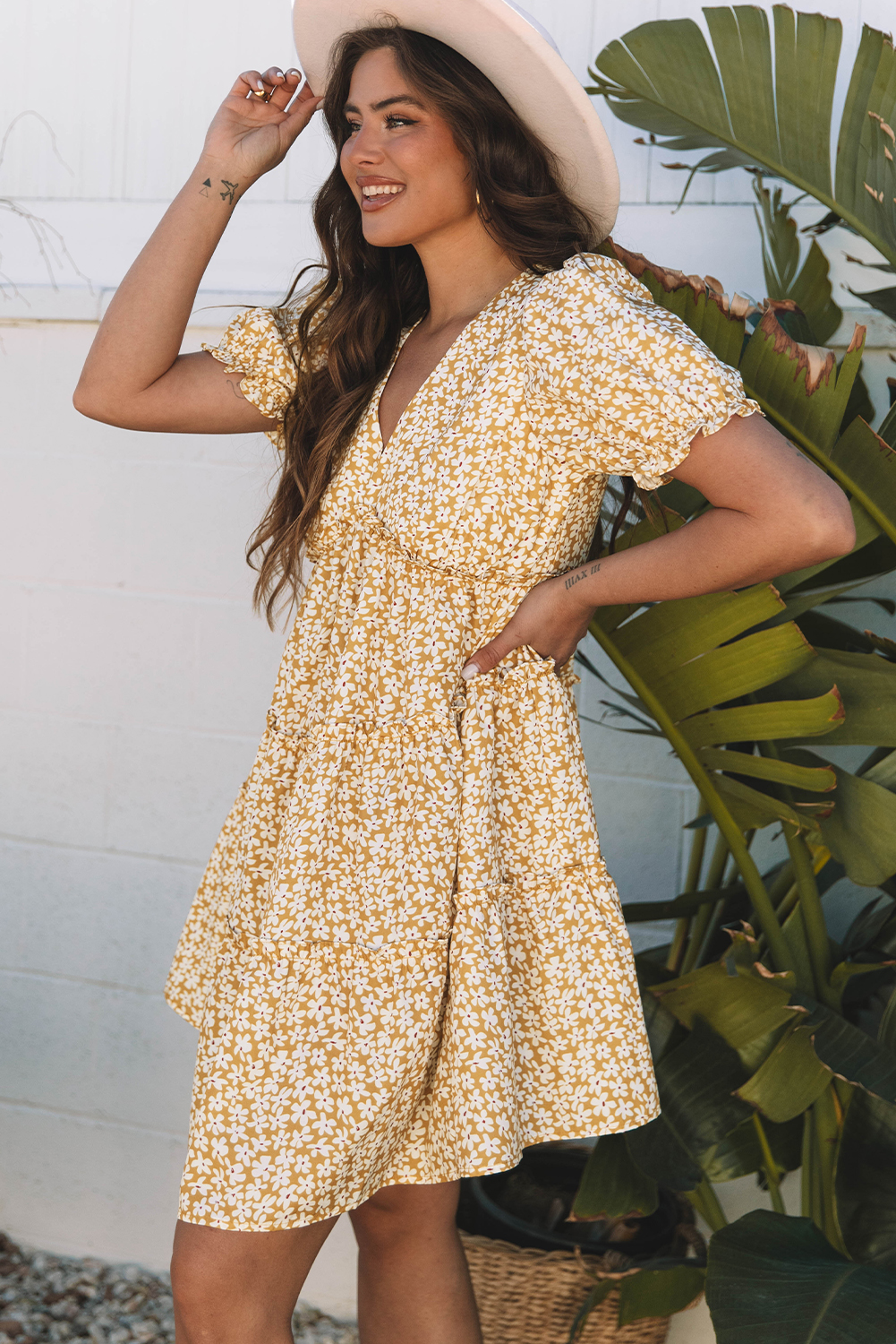 Yellow Floral Short Sleeve V Neck Frilly Tiered Mini Dress - Image 3