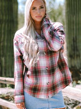 Pink Plaid Flap Pocket Button Up Shacket