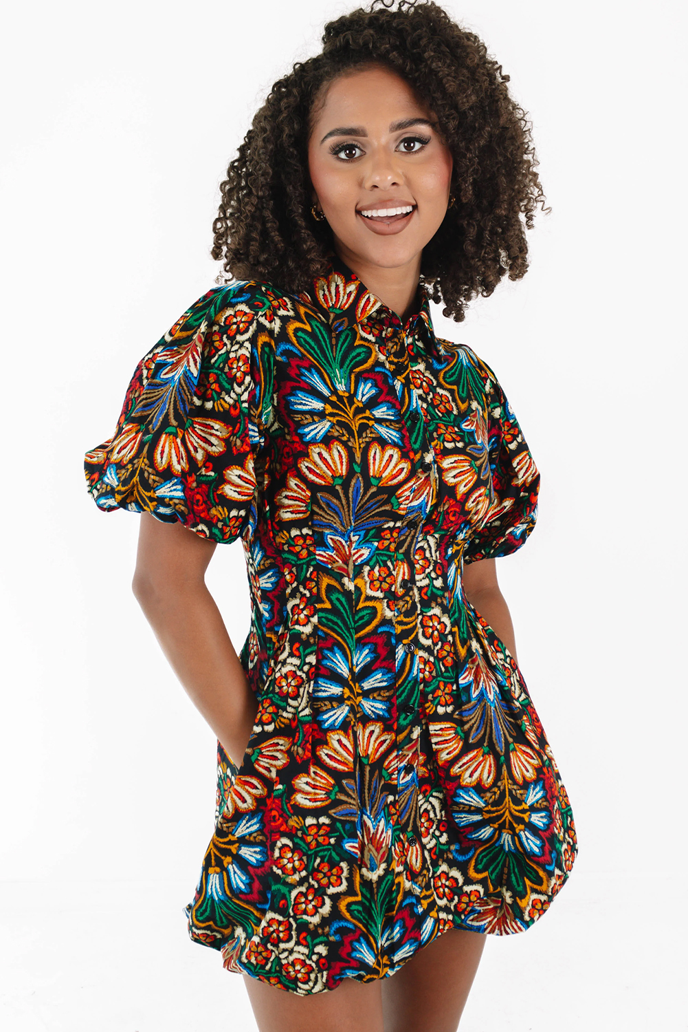 Multicolour Floral Puff Short Sleeve Shirt Mini Dress - Image 4