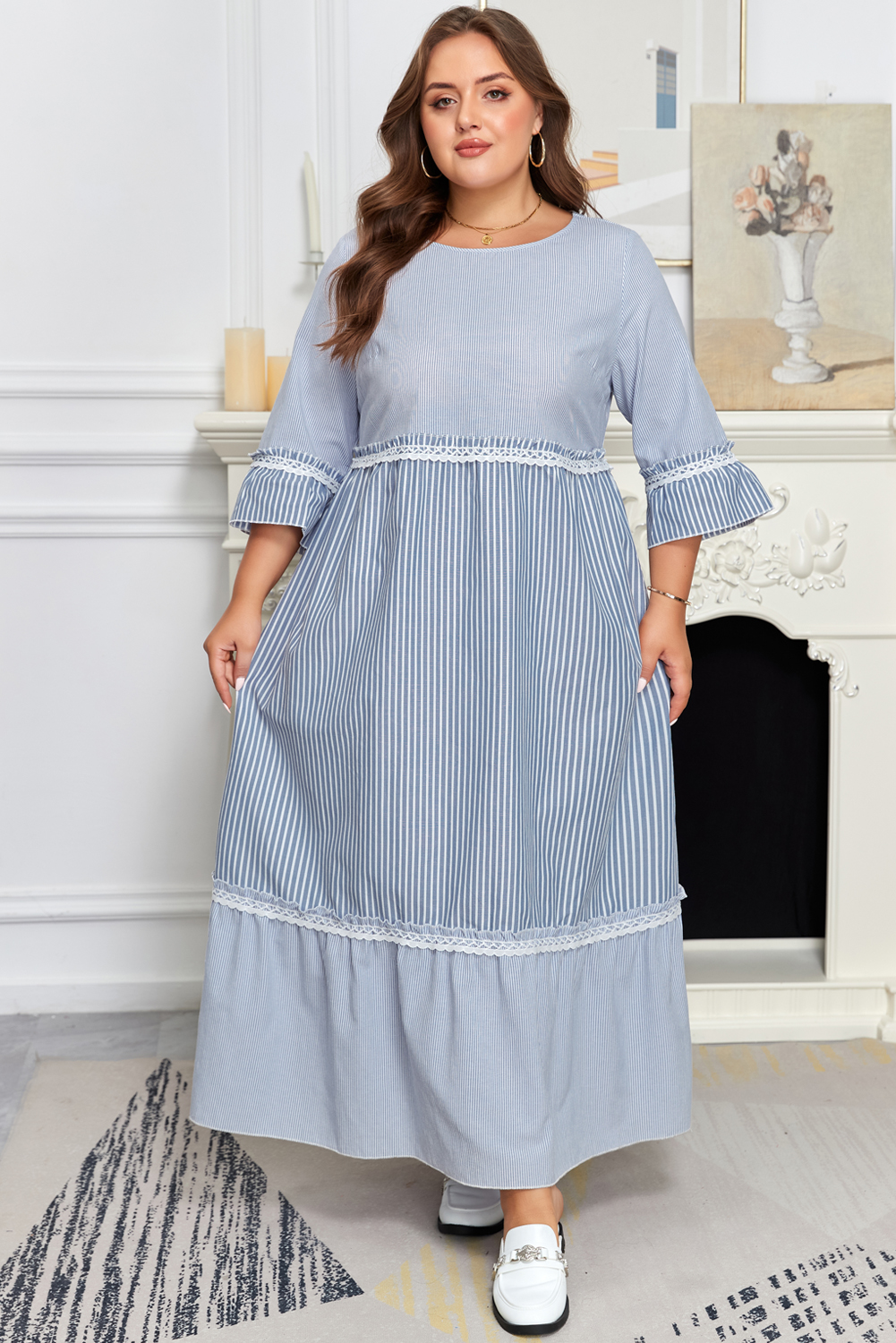 Sky Blue Stripe Crisscross Lace Detail Mixed Striped Patchwork Plus Size Shift Long Dress - Image 3