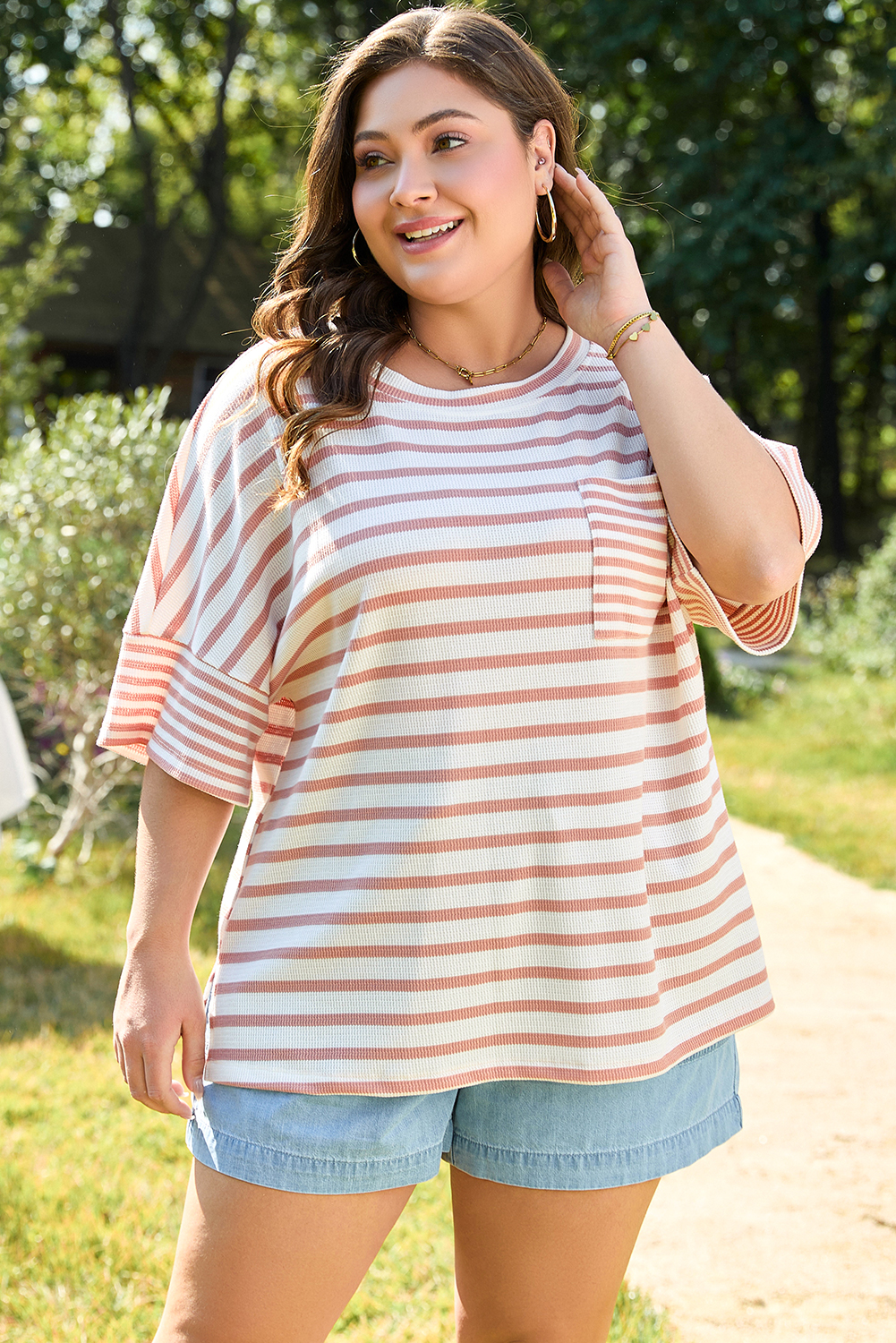 Pink Stripe Waffle Knit Pocketed Half Sleeve Plus Size T Shirt - Image 4