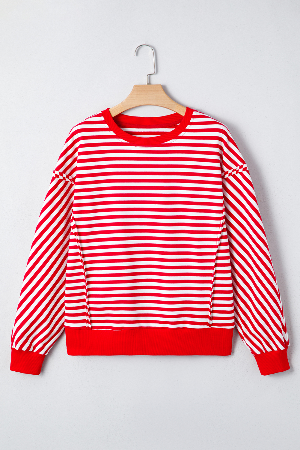 Red Stripe Exposed Seam Drop Shoulder Casual Pullover Top - Image 8