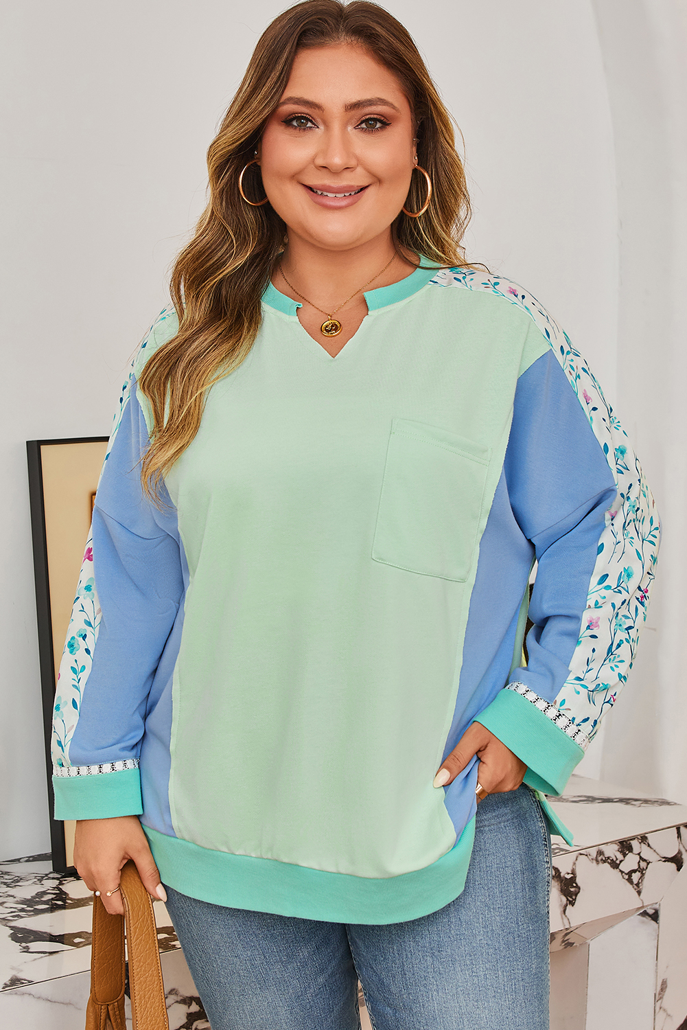 Green Color Block Floral Patchwork Long Sleeve Notched Neck Plus Size Top - Image 4