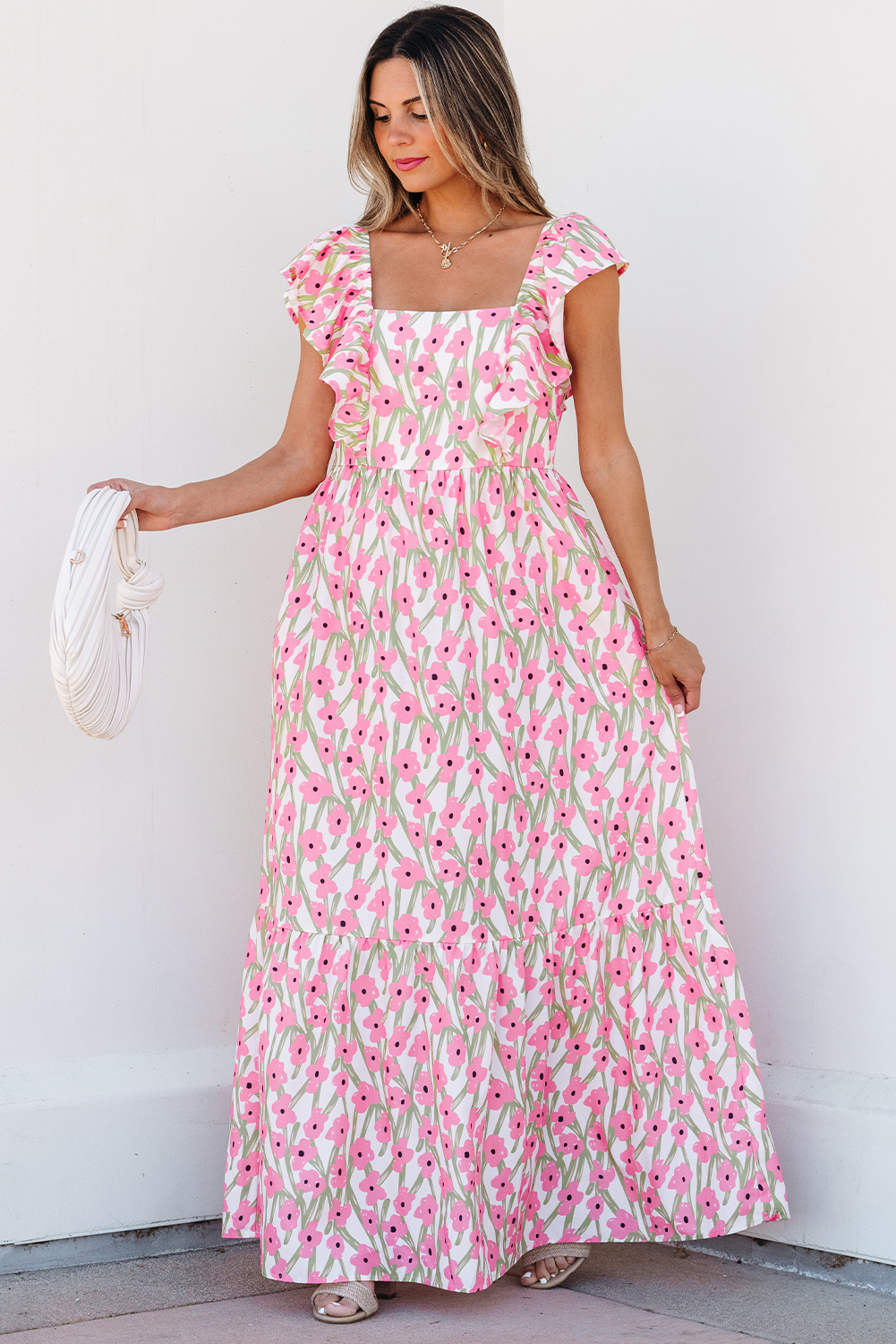 Pink Floral Print Square Neck Ruffled Strap Maxi Dress - Image 3