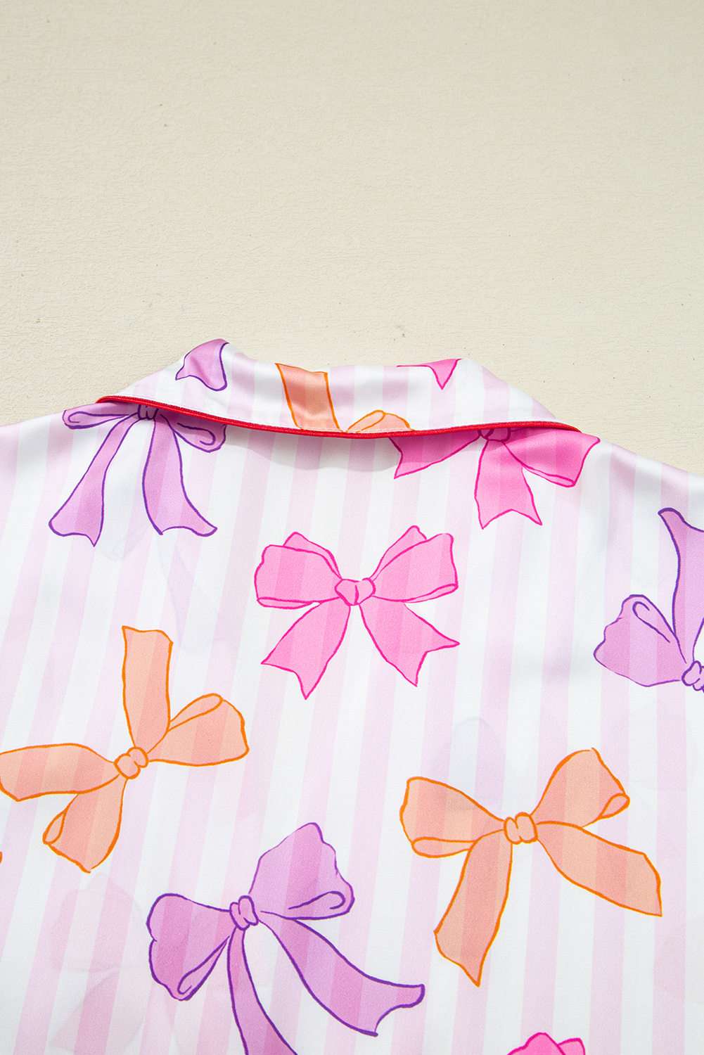 Pink Striped Bow Print Contrast Piping Trim Shirt and Pants 2pcs Pajama Set - Image 5
