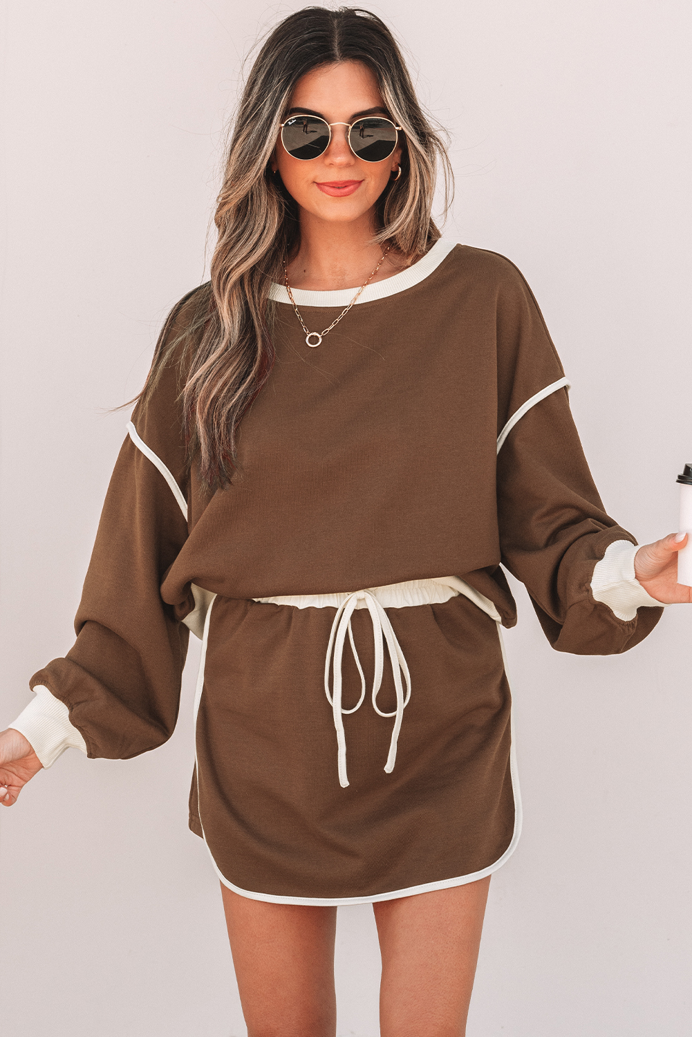 Coffee Color Contrast Loose Pullover and Lace-up Waist Skort Set - Image 3