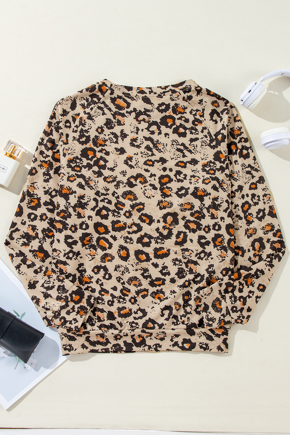 Brown Leopard Bleached Raglan Sleeve Pullover Sweatshirt - Image 4