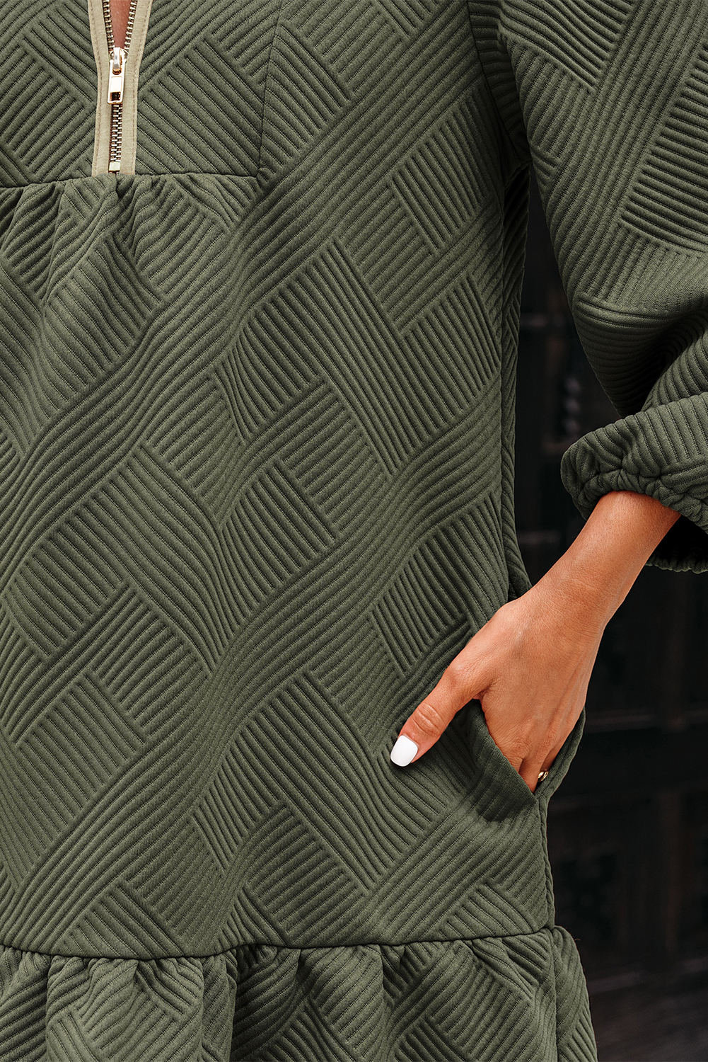 Jungle Green Quarter Zip Collar Bracelet Sleeve Textured Mini Dress - Image 5