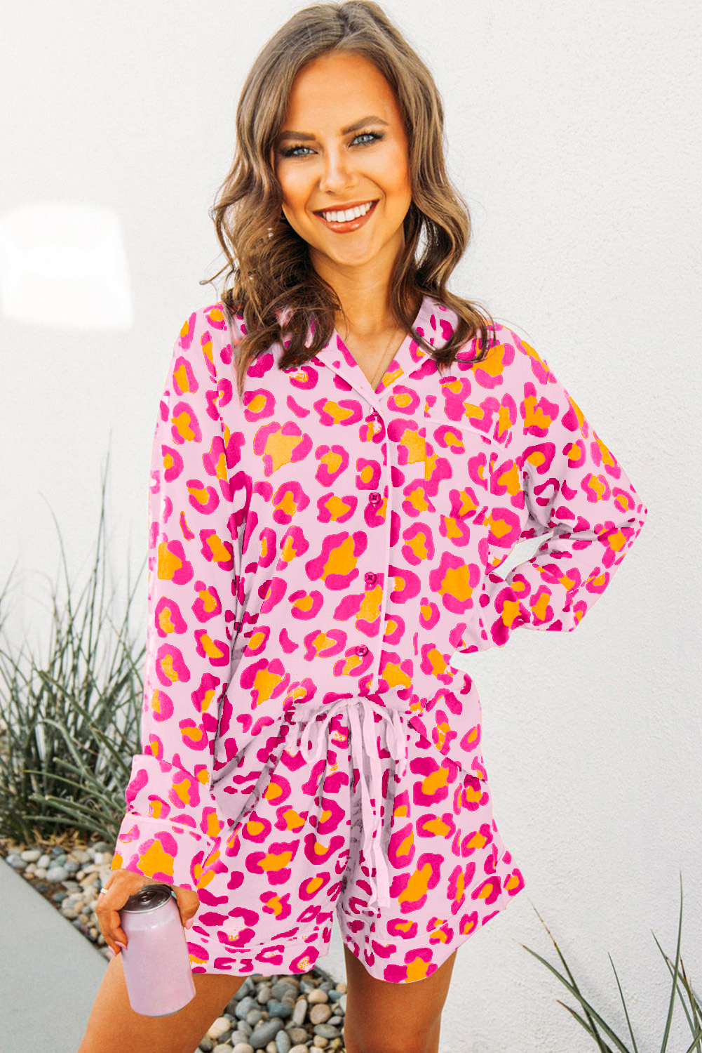 Pink Leopard Print Long Sleeve Shirt and Shorts Pajama Set - Image 5