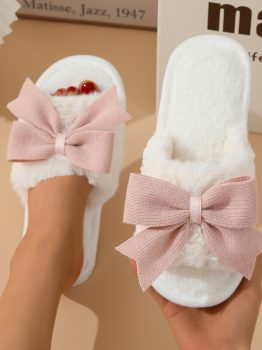 White Bow Knot Decor Open Toe Plush Slippers
