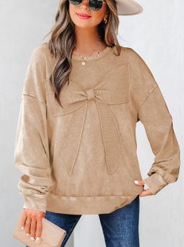 Light French Beige Mineral Wash Big Bow Patchwork Pullover Sweatshirt