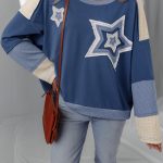 Dark Blue Contrast Knitted Colorblock Star Patchwork Oversize Long Sleeve Top