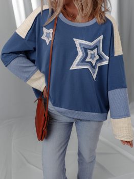 Dark Blue Contrast Knitted Colorblock Star Patchwork Oversize Long Sleeve Top