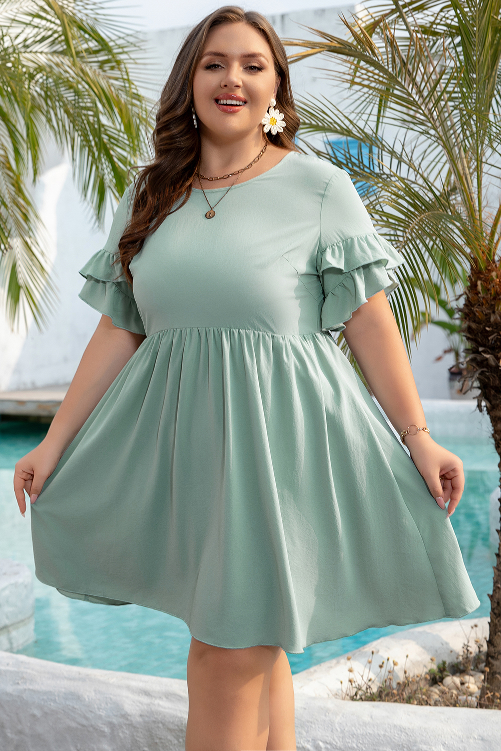 Grass Green Ruffle Trim Short Sleeve Plus Size Flared Mini Dress - Image 5