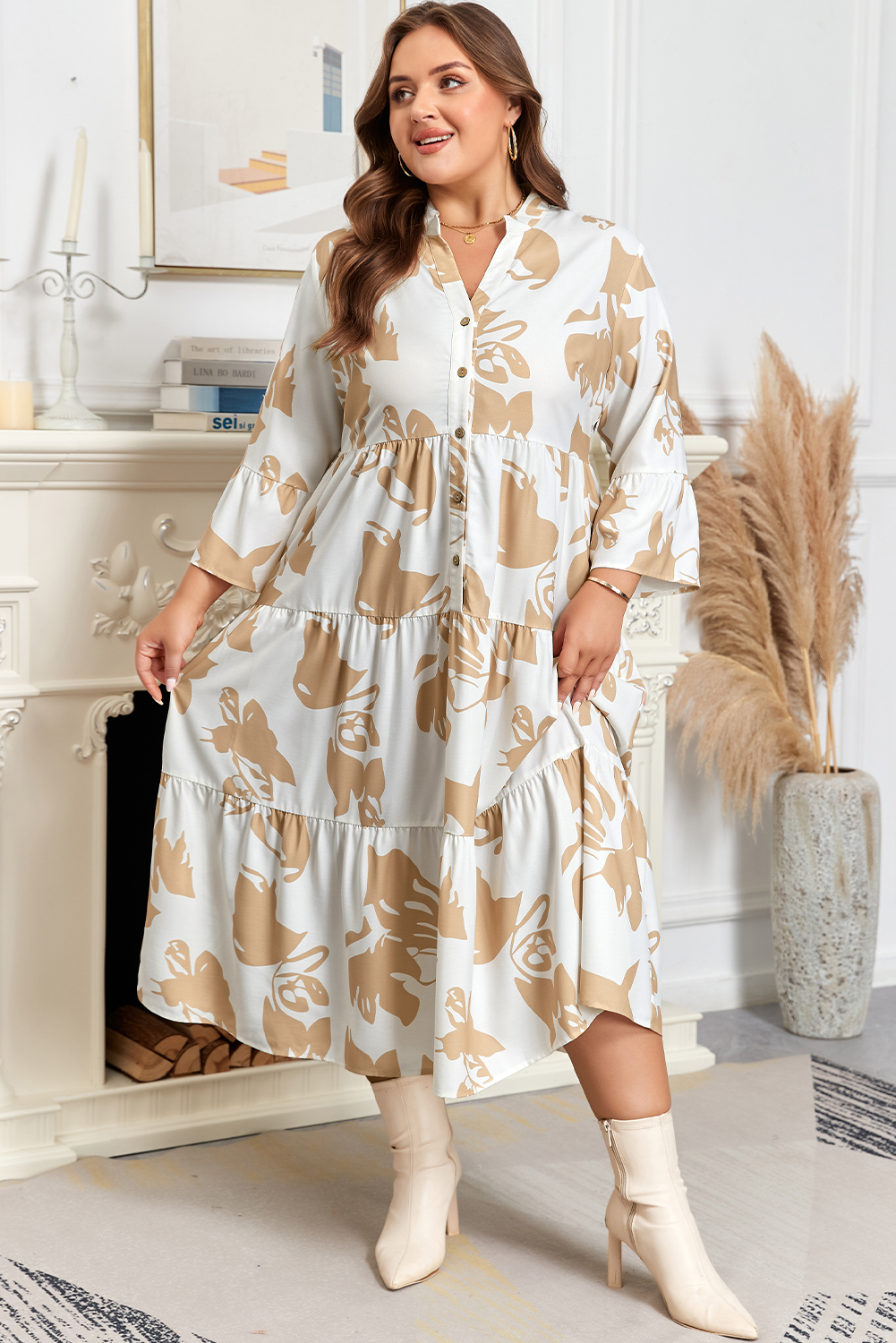 Khaki Patterned Ruffled Sleeve Half Placket Tiered A-line Plus Size Long Dress - Image 7