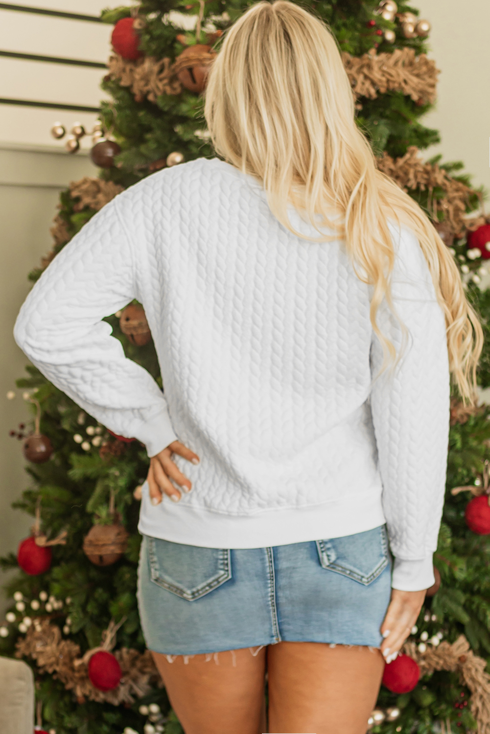 White Merry And Bright Cable Knit Pullover Sweatshirt - Image 3