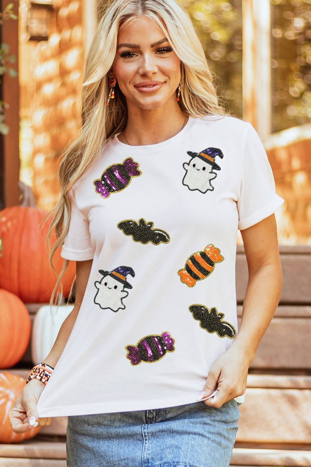 White Sequined Halloween Spirit Pattern Patched Custom Casual Tee - Image 8