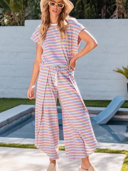 Pink Stripe Rainbow Tee Tasseled String Wide Leg Pants Set