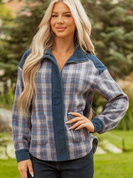 Gray Plaid Corduroy Patchwork Collared Zip Up Snap Button Jacket