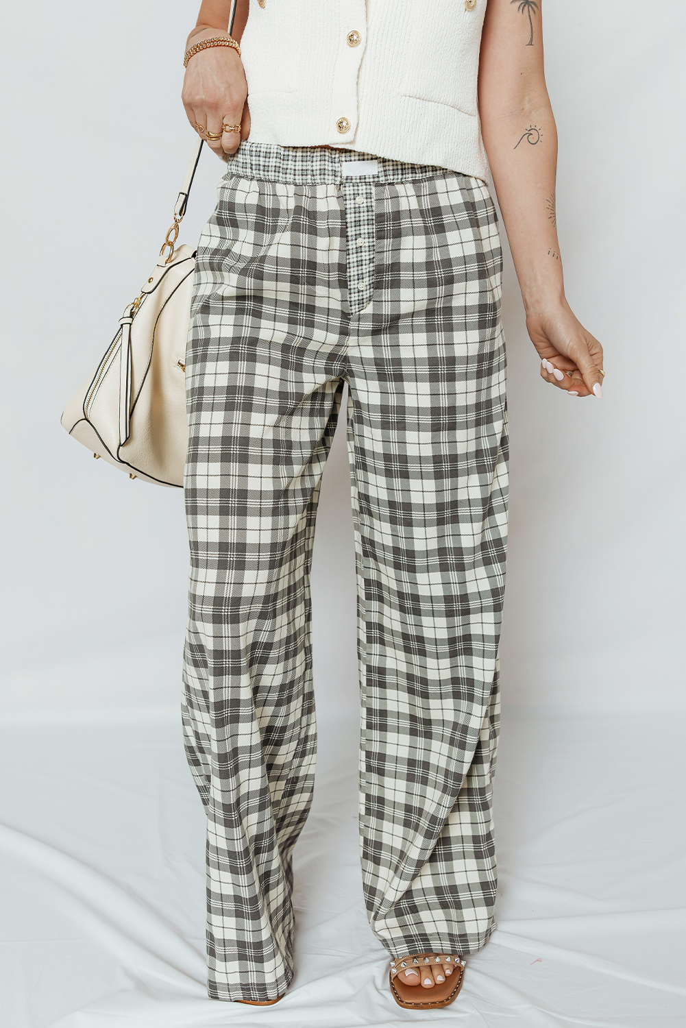 Gray Plaid Wide Leg Casual Pants - Image 4