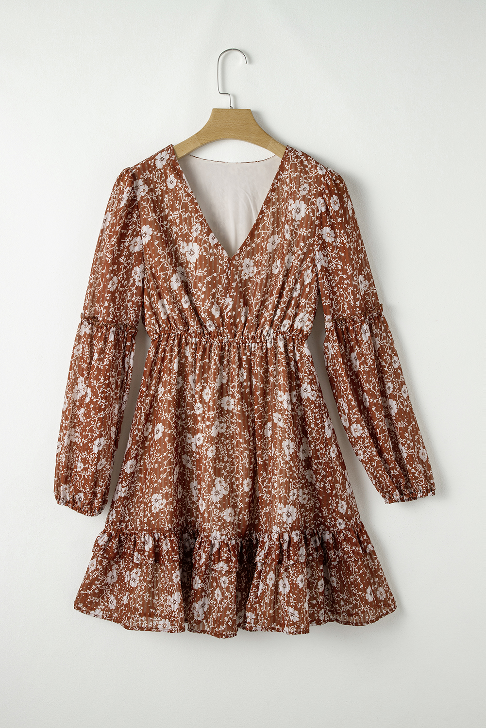Brown Boho Floral Ruffled Puff Sleeve V Neck Mini Dress - Image 7