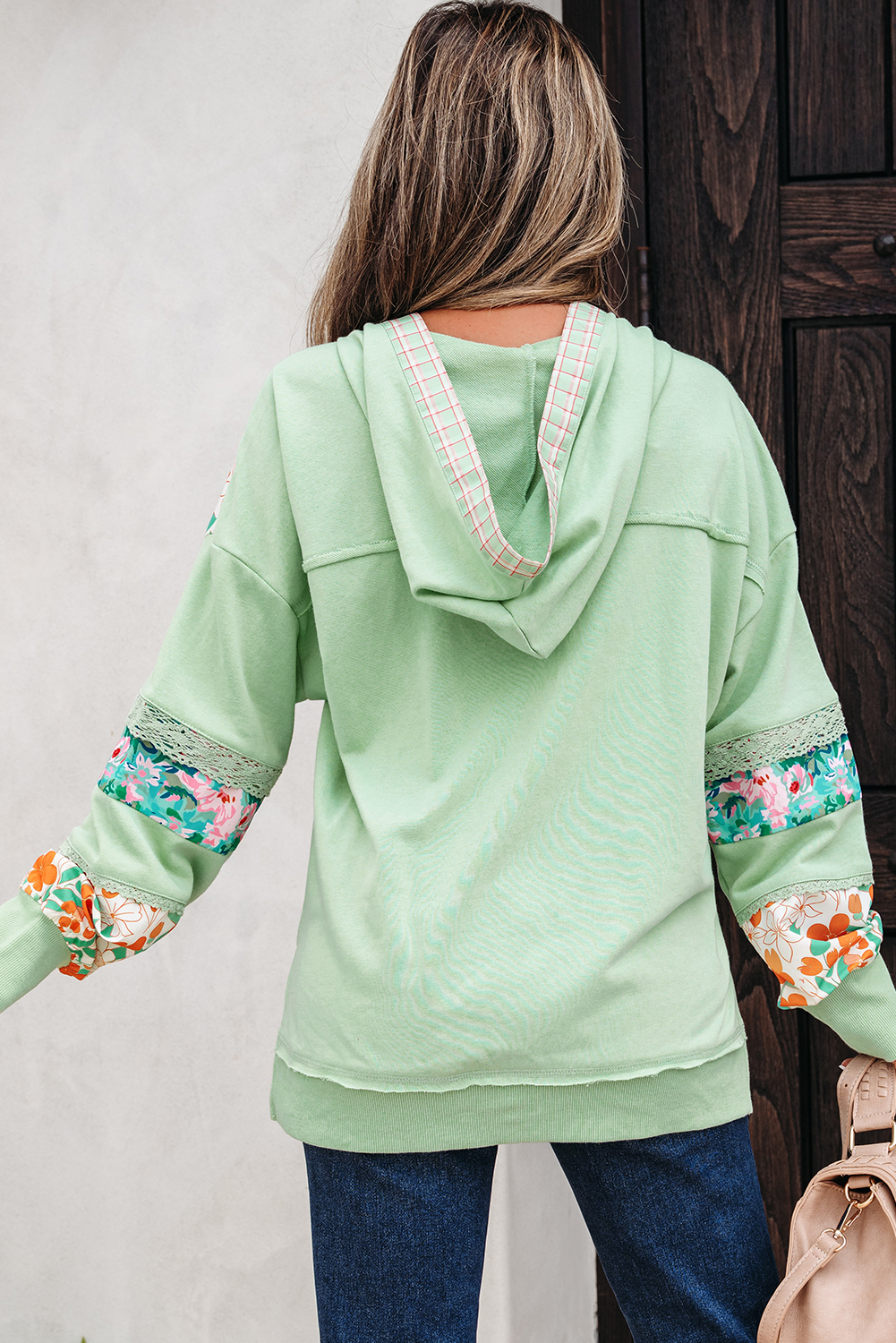 Clearly Aqua Lace Floral Patchwork Half Button Hooded Pullover - Image 2