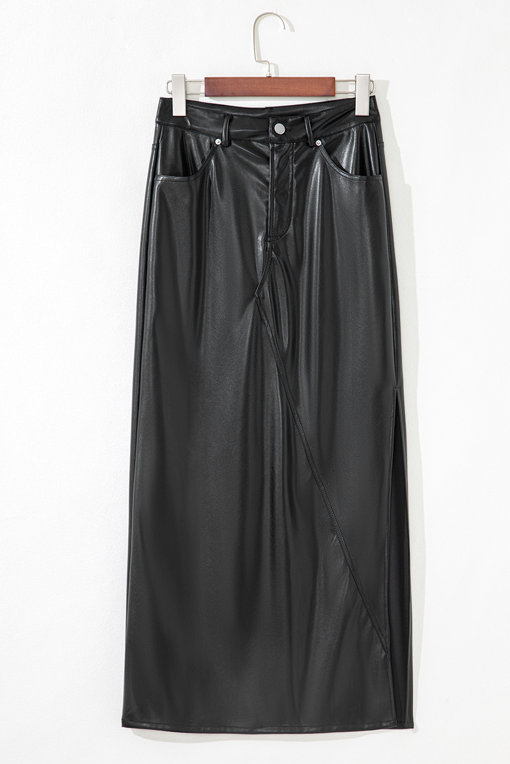 Black Faux Leather Side Slit Maxi Skirt - Image 3