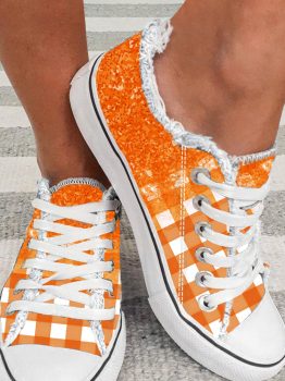 Orange Checkered Flat Canvas Shoes