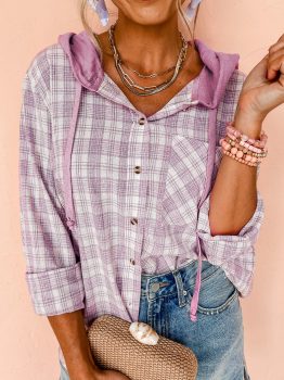 Pink Checkered Print Loose Fit Buttoned Hooded Shacket