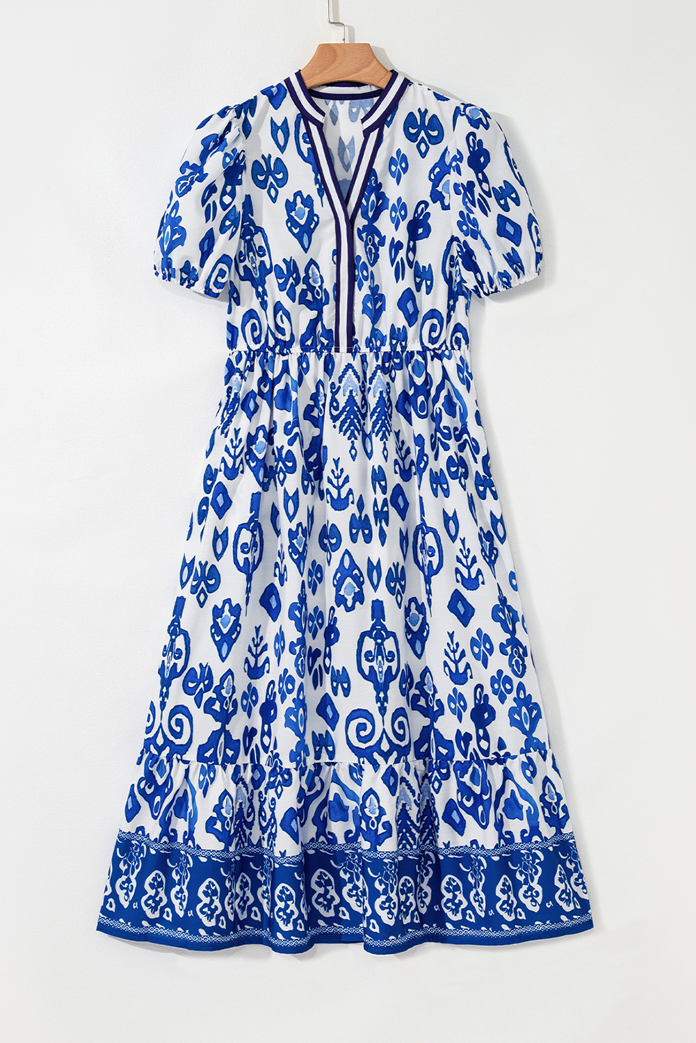 Blue Floral Puff Short Sleeve V Neck High Waist Maxi Dress - Image 4