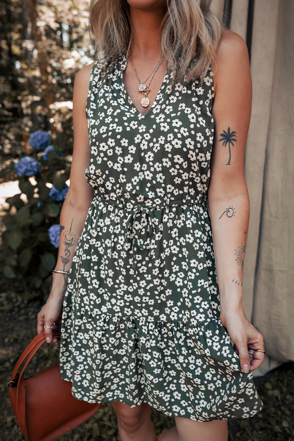 Green Boho Floral Print V Neck Tunic Sleeveless Dress - Image 4
