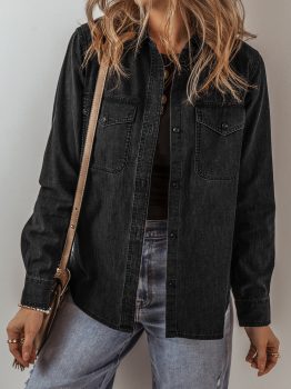 Black Flap Pocket Buttons Collared Jean Jacket