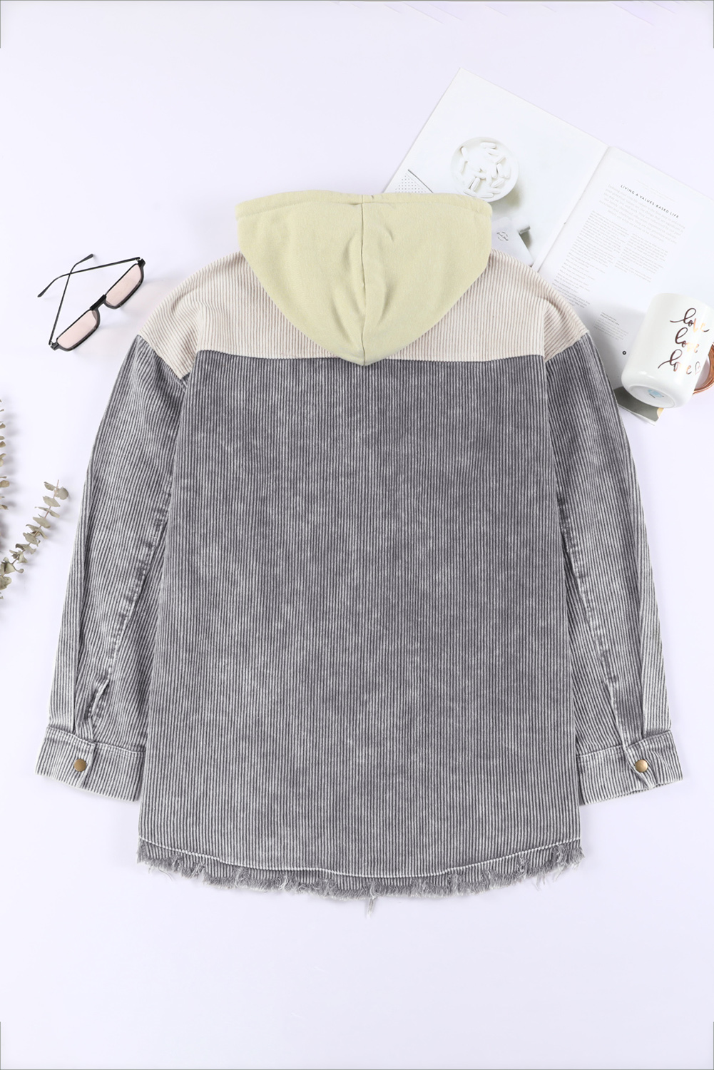 Gray Color Block Button Down Hooded Corduroy Jacket - Image 6