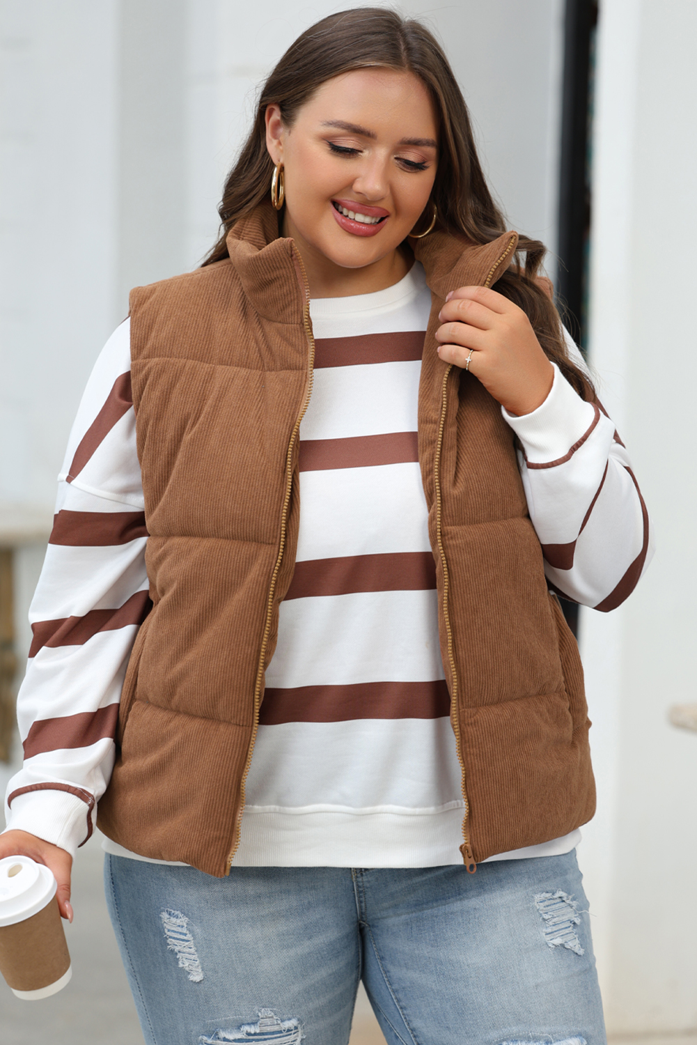 Coffee Corduroy Stand Neck Zipped Puffer Vest - Image 5