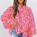 Rose Red Oversized Leopard Print Balloon Sleeve Casual Shirt